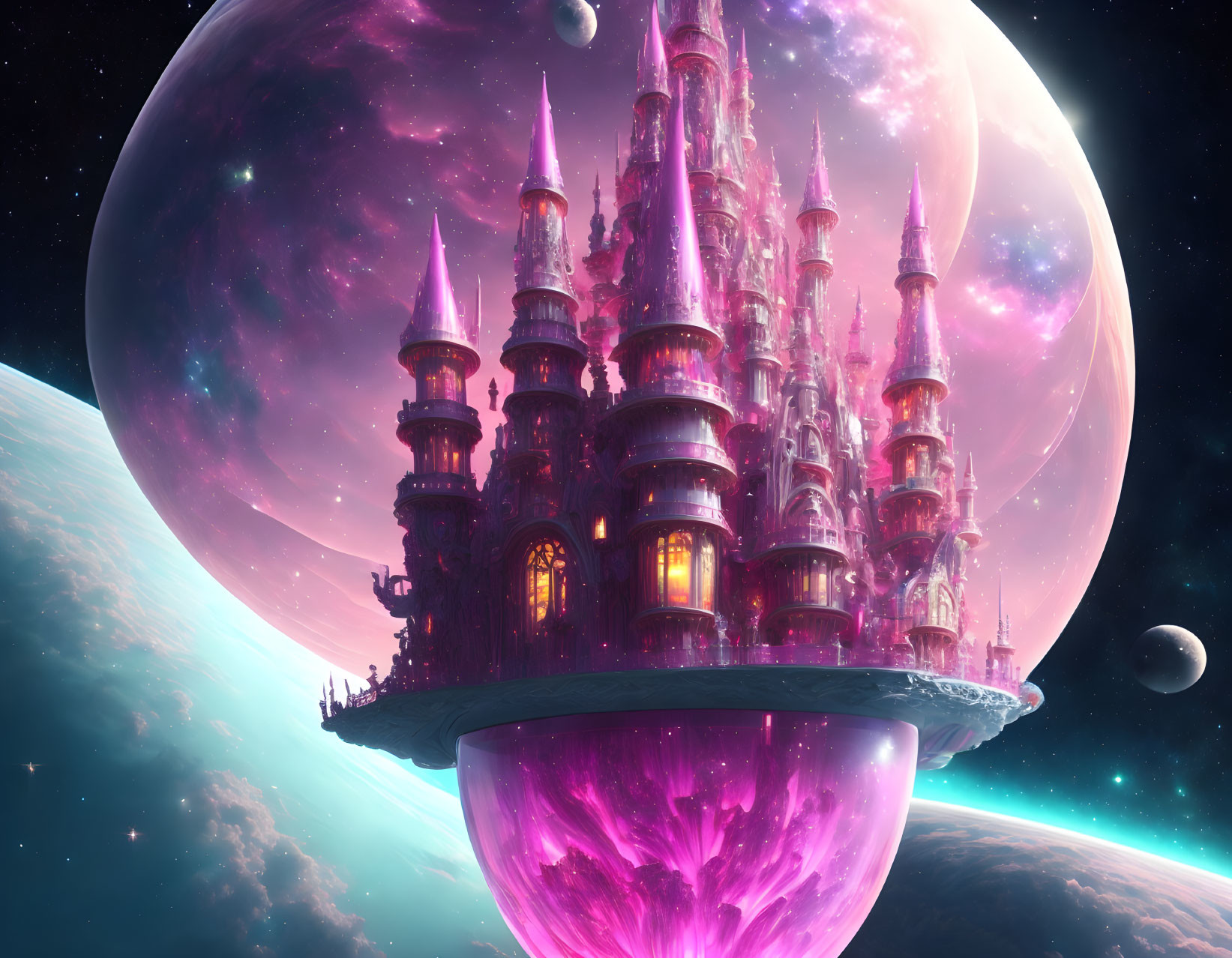 Fantastical floating castle with multiple spires under a starry sky