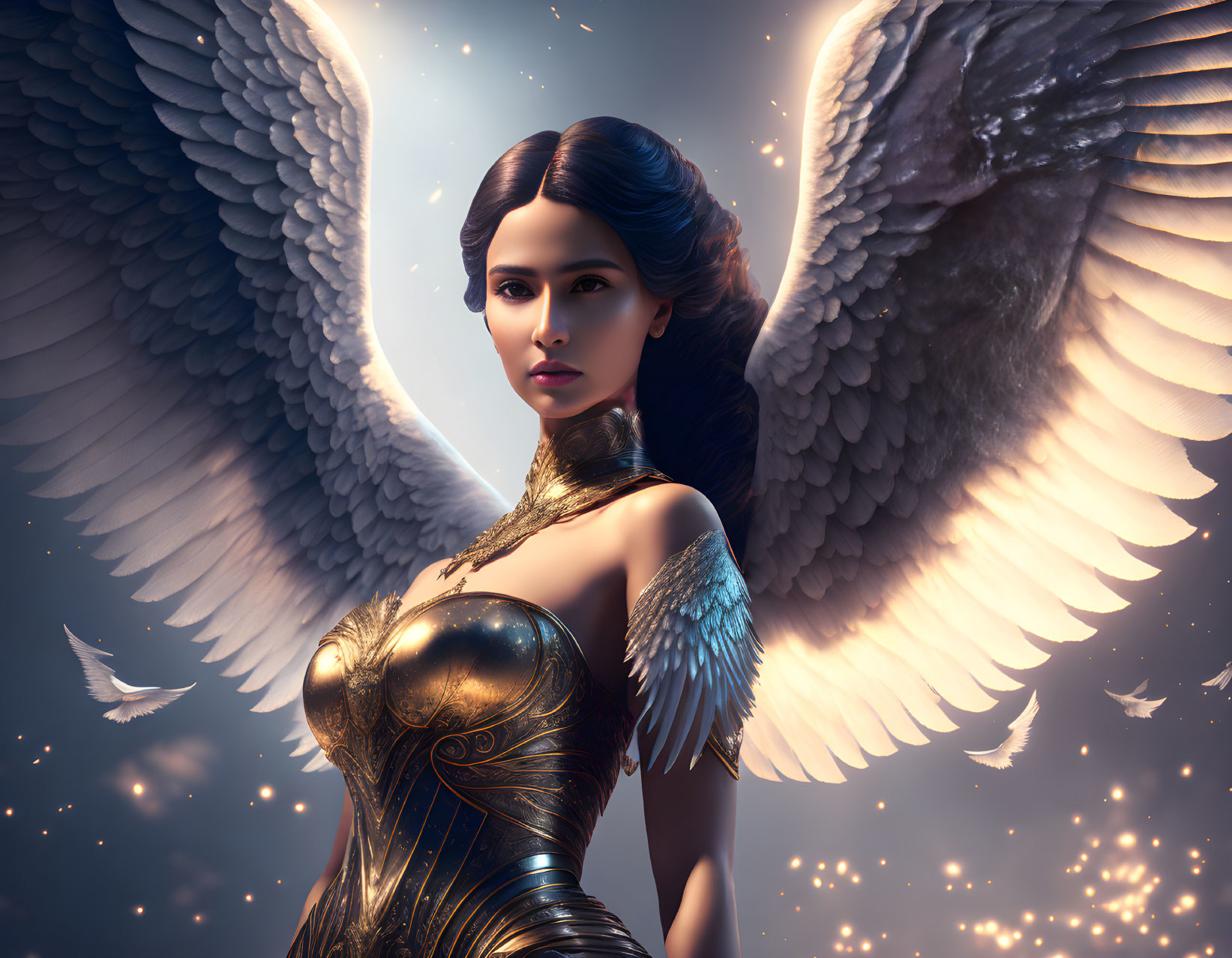 Digital artwork: Woman with angel wings in golden armor, mystical backdrop.