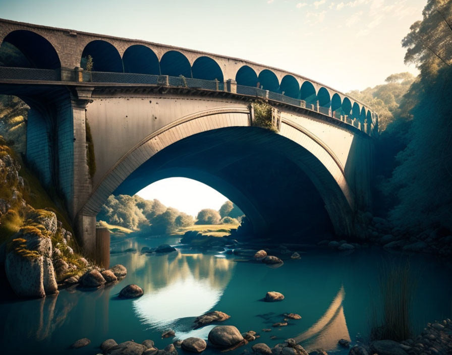 Serene river scene with old stone bridge and lush greenery