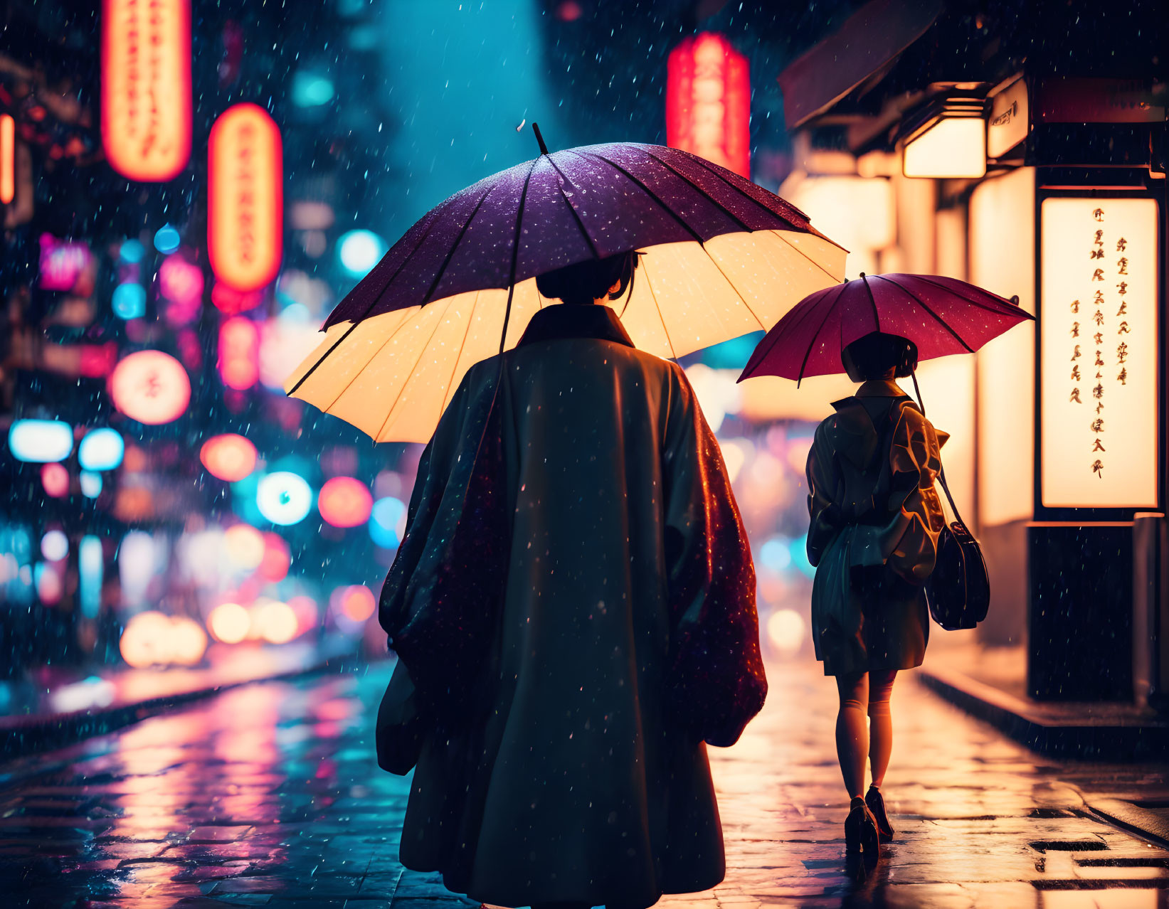 Rainy evening stroll: Two people with umbrellas in neon-lit city street