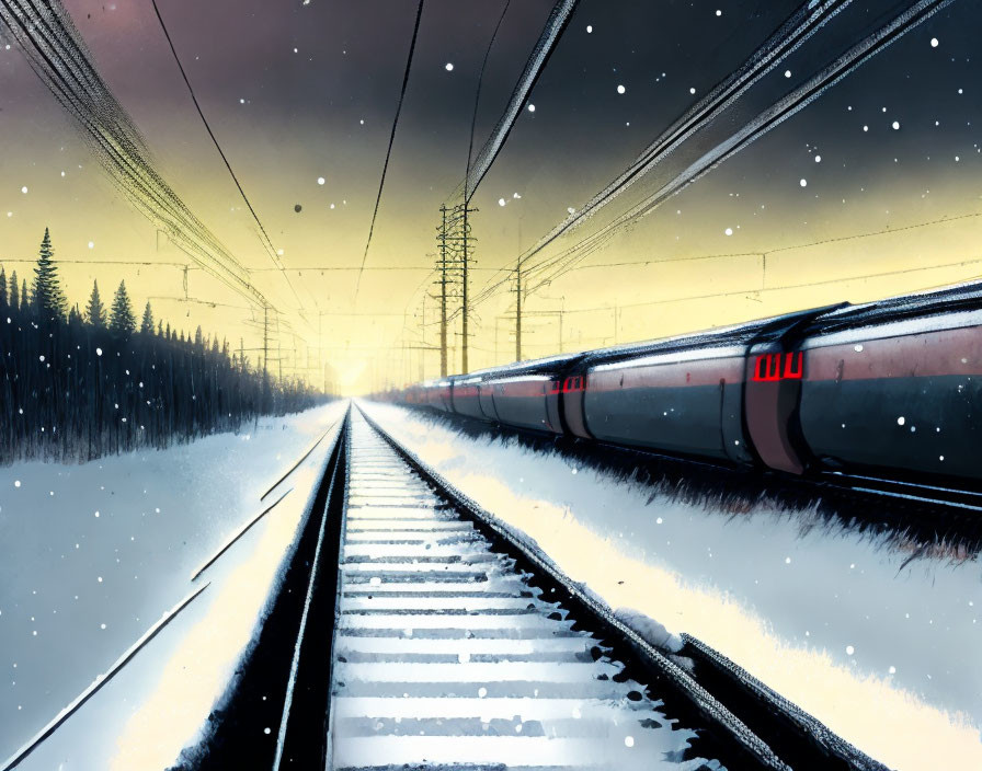 Stylized image of a train on snow-covered tracks with forest and power lines.