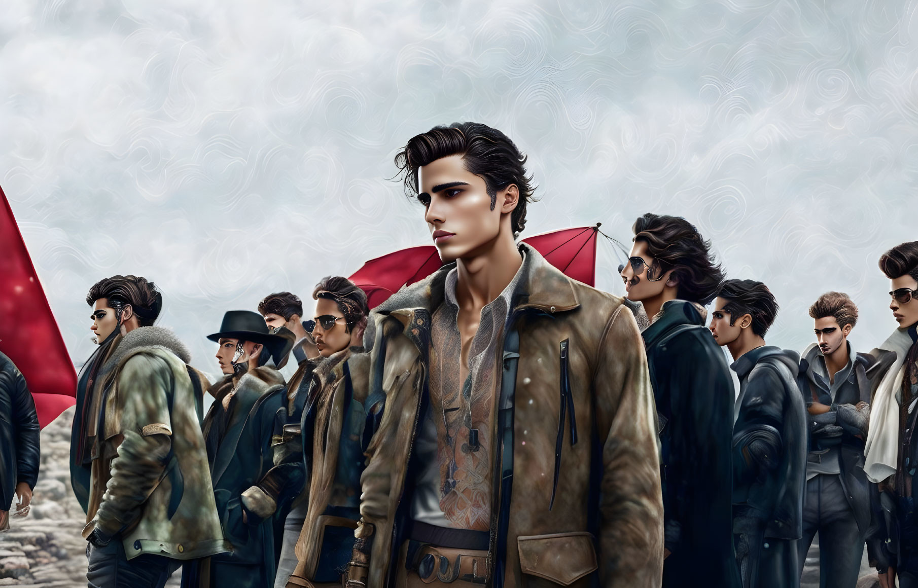 Group of stylish men in leather jackets with confident young man against cloudy sky