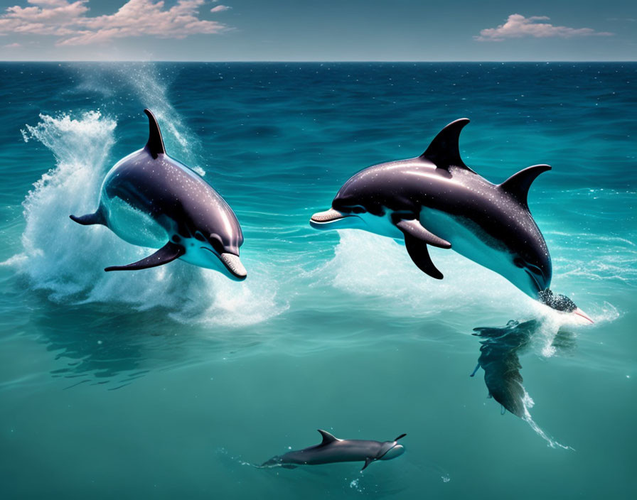 Three Dolphins Leaping Above Ocean Waves