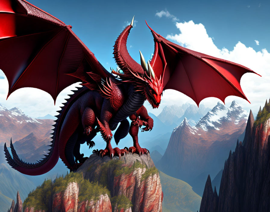 Red dragon perched on rugged mountain peak with spread wings in alpine scenery