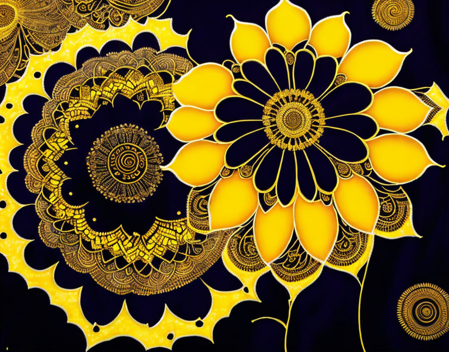 Colorful yellow flower with golden mandala patterns on black background