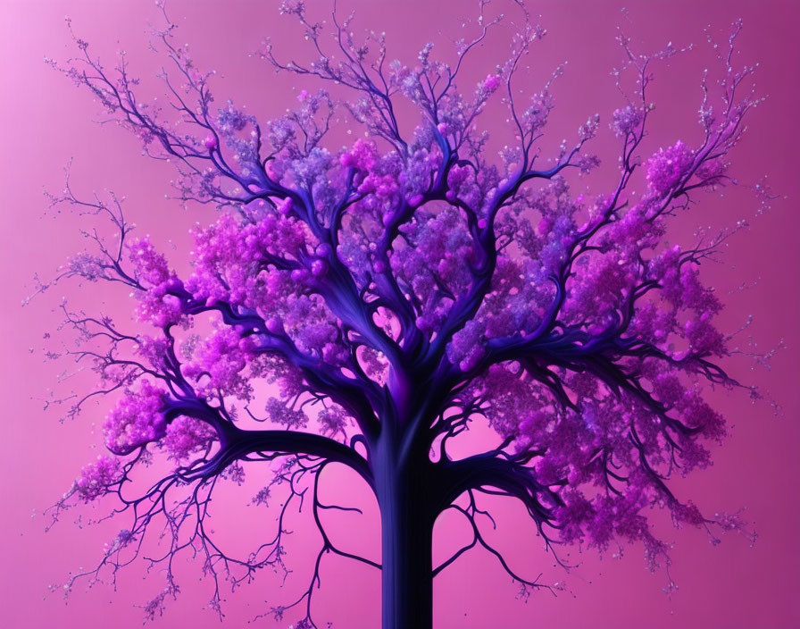 Vibrant digital artwork: Purple tree with pink foliage on pink gradient.