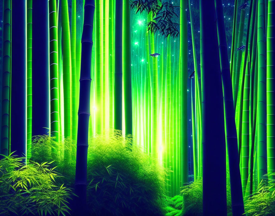 Mystical bamboo forest with radiant green lights and ethereal haze