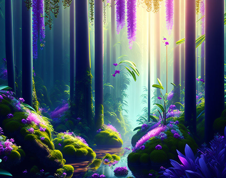 Mystical forest with purple and green foliage and sunbeams