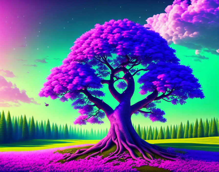 Magenta tree in surreal sunset landscape with starry sky and neon meadow