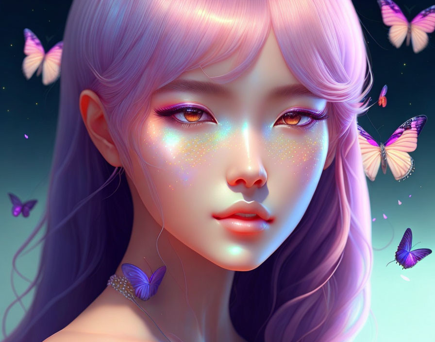 Digital Artwork: Woman with Lilac Hair and Galaxy Makeup Surrounded by Butterflies on Teal