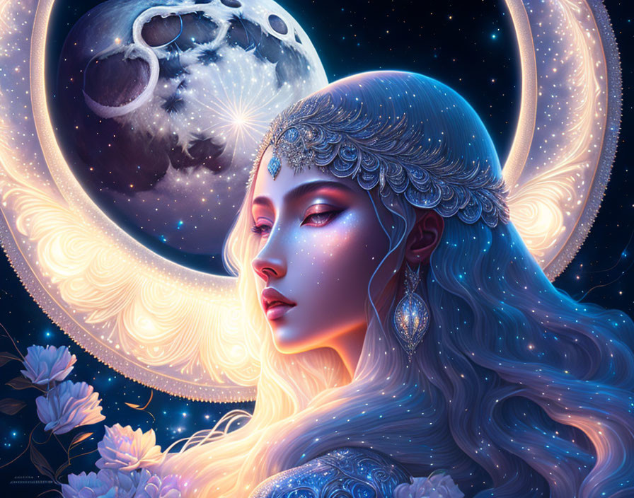 Ethereal woman with radiant skin and elaborate head jewelry under crescent moon