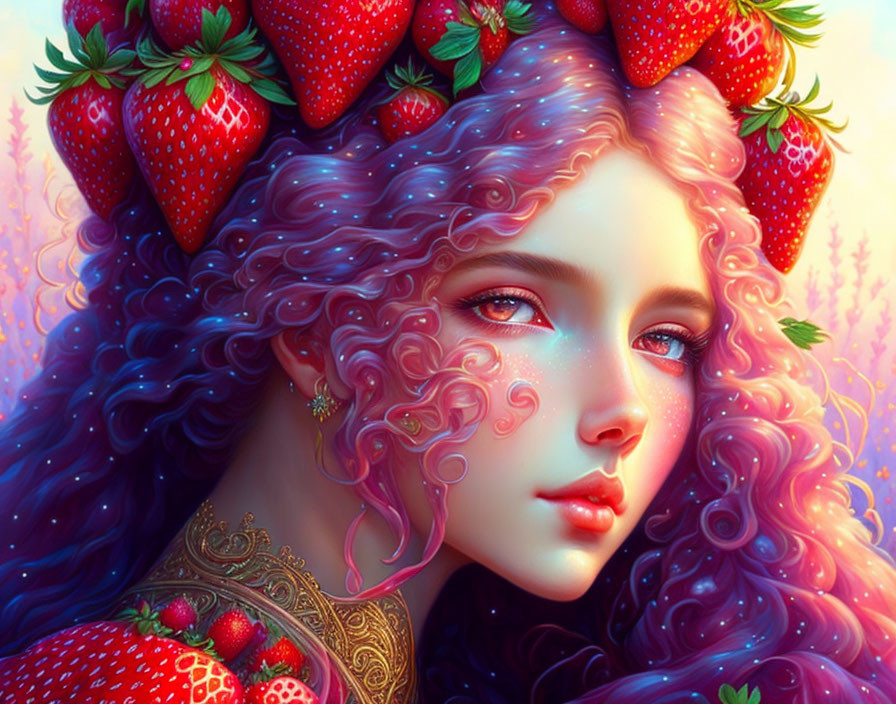 Vibrant woman illustration with curly purple hair and strawberry adornments