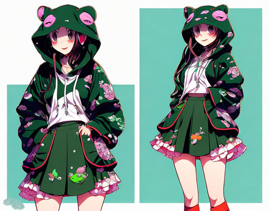 Character in green skirt, frog hoodie, red glasses with hood on and off