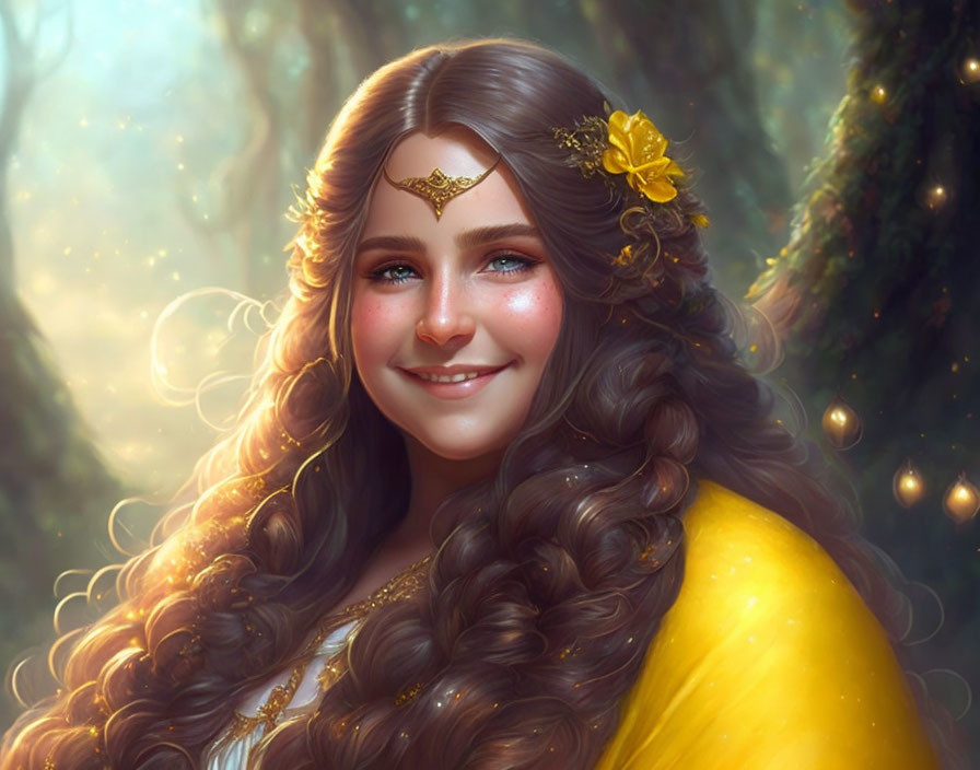 Digital art portrait of smiling woman with long brown hair and flowers in enchanted forest.