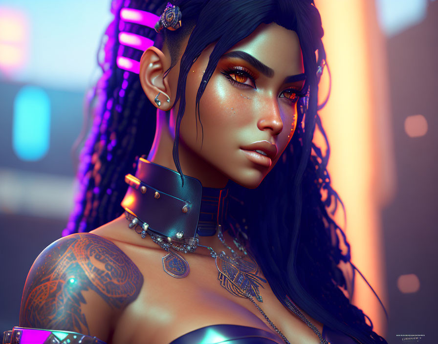 Dark-haired woman with tattoos and piercings in cyberpunk jewelry on neon-lit background