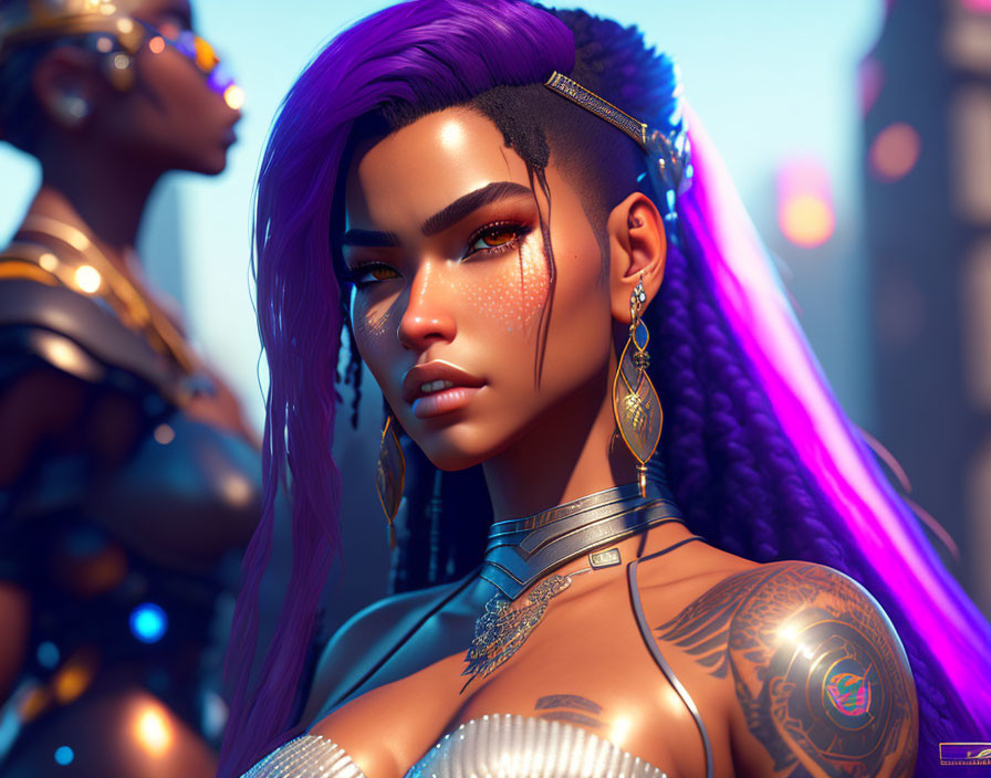 Futuristic 3D Render of Woman with Purple Hair and Tattoos