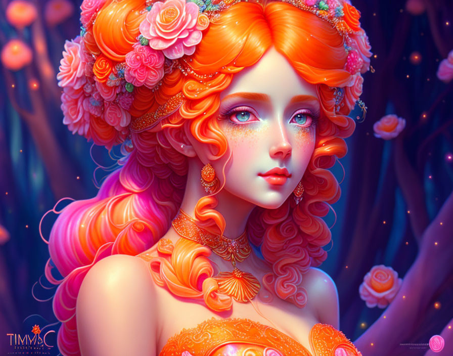 Colorful illustration of woman with orange and pink hair in ornate jewelry on whimsical blue background