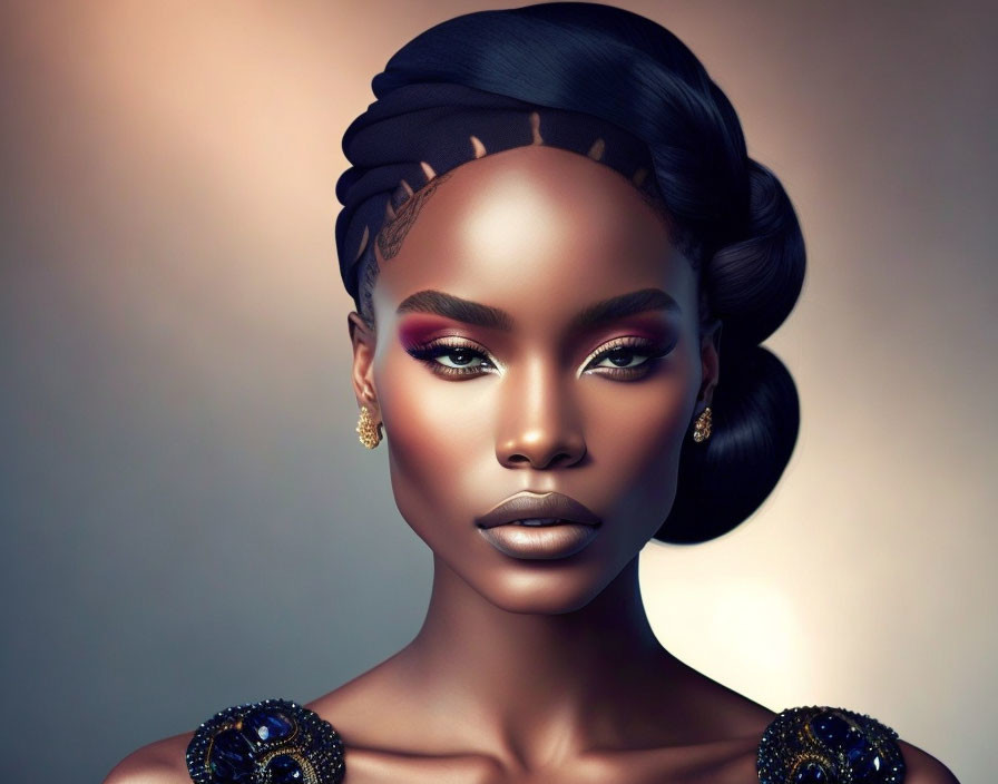 Digital artwork featuring woman with elegant makeup, stylish headwrap, ornate earrings on warm-toned backdrop