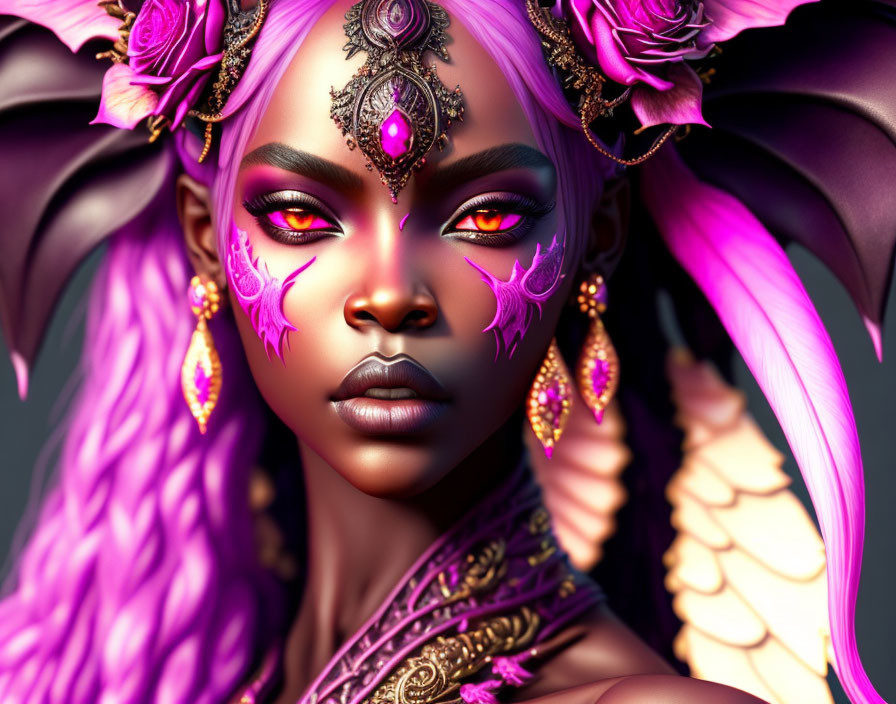 Fantasy digital art: Purple-skinned female character with golden headpiece and purple hair on dark background