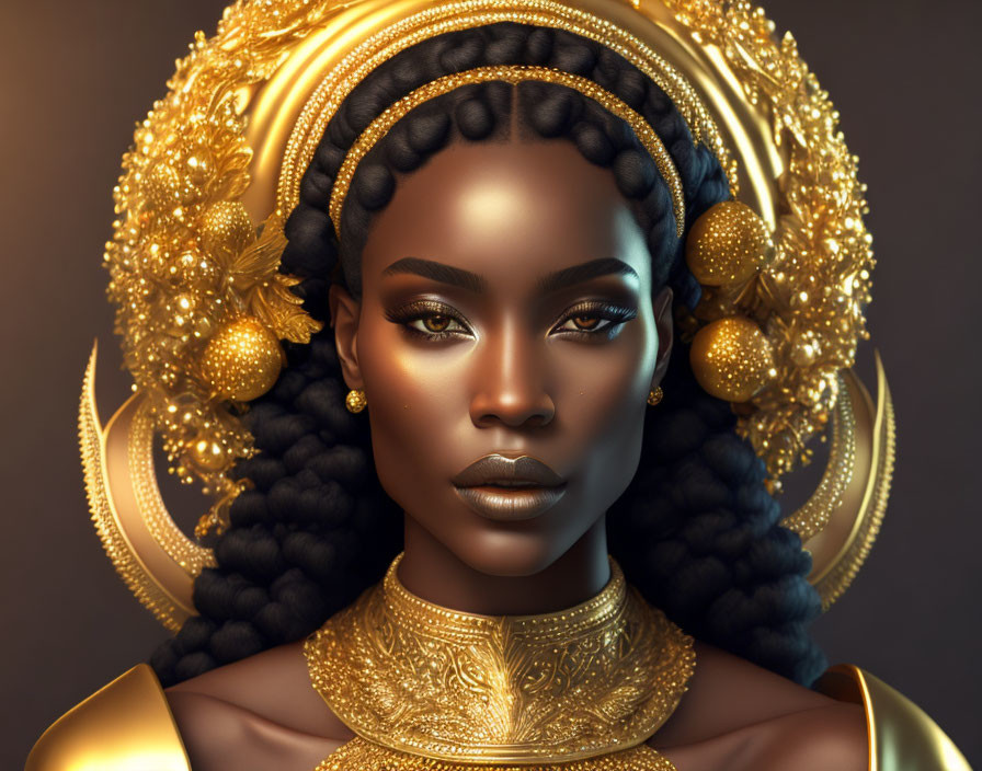 Intricate gold headgear and regal expression on woman portrait