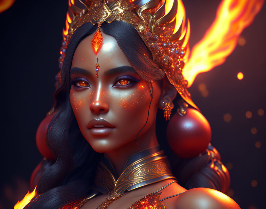 Fantasy-inspired digital artwork of a woman with fiery orange headdress and armor