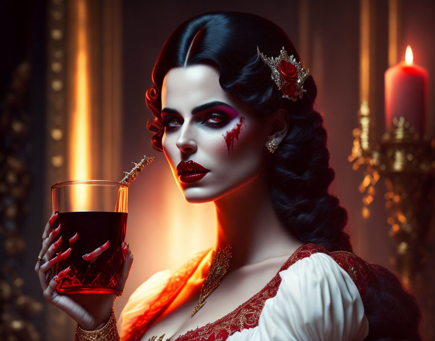 Dark-haired woman in vintage waves and red dress holding a goblet with candlelit backdrop