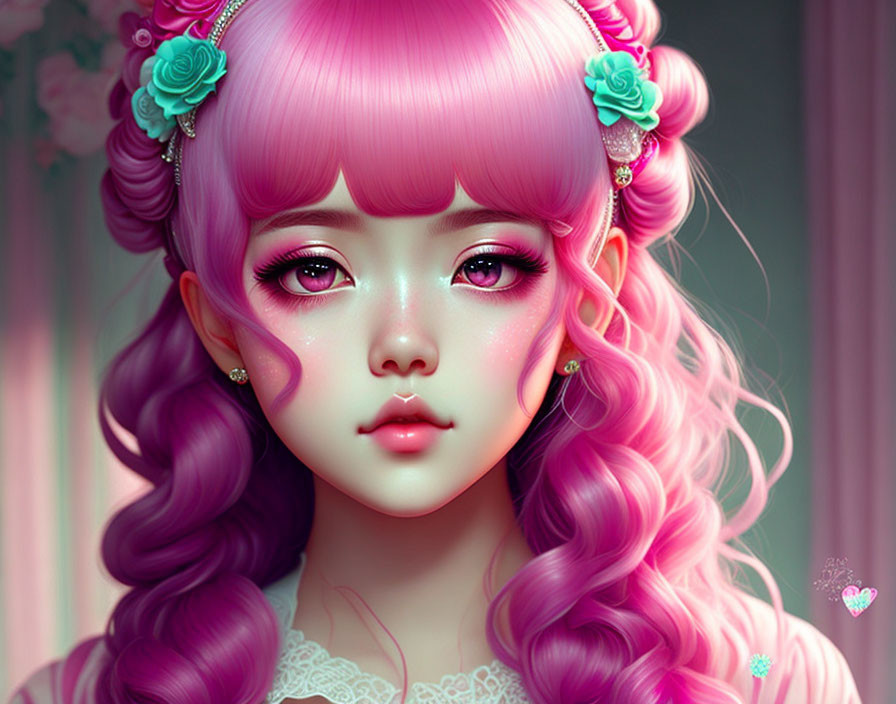 Digital Artwork: Girl with Large Eyes, Pink Wavy Hair, and Fantasy Makeup