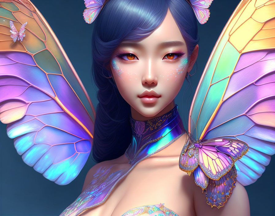 Fantasy digital illustration: Butterfly-winged figure with purple hair and luminous butterflies