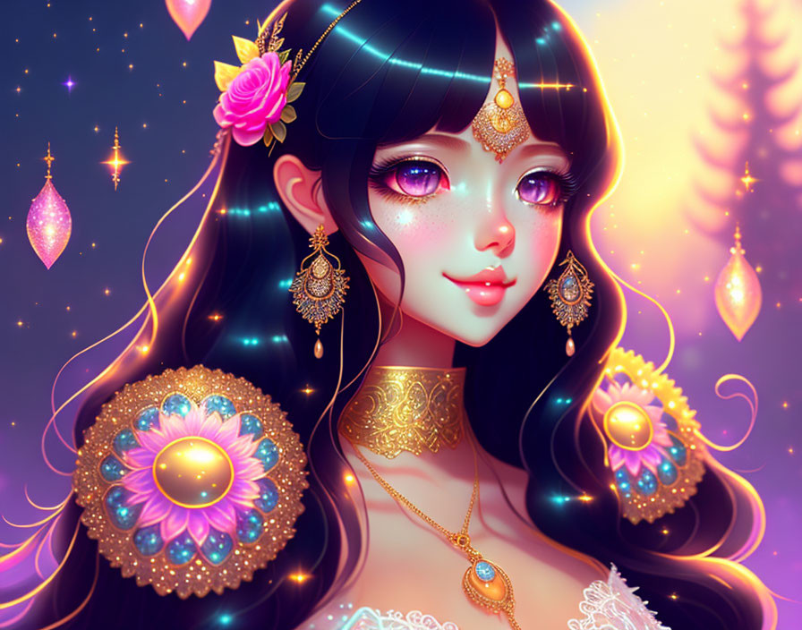 Digital artwork of woman with long black hair and golden jewelry amid glowing lanterns and twilight background