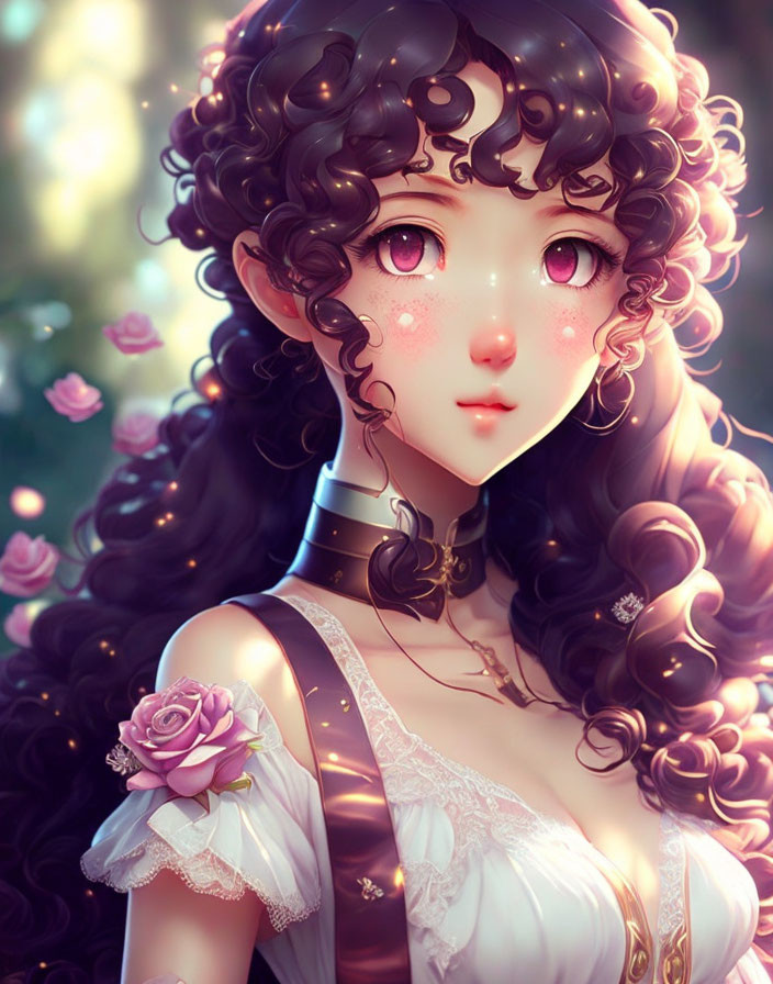 Anime-style illustration of girl with curly brown hair, pink eyes, white dress, holding a rose