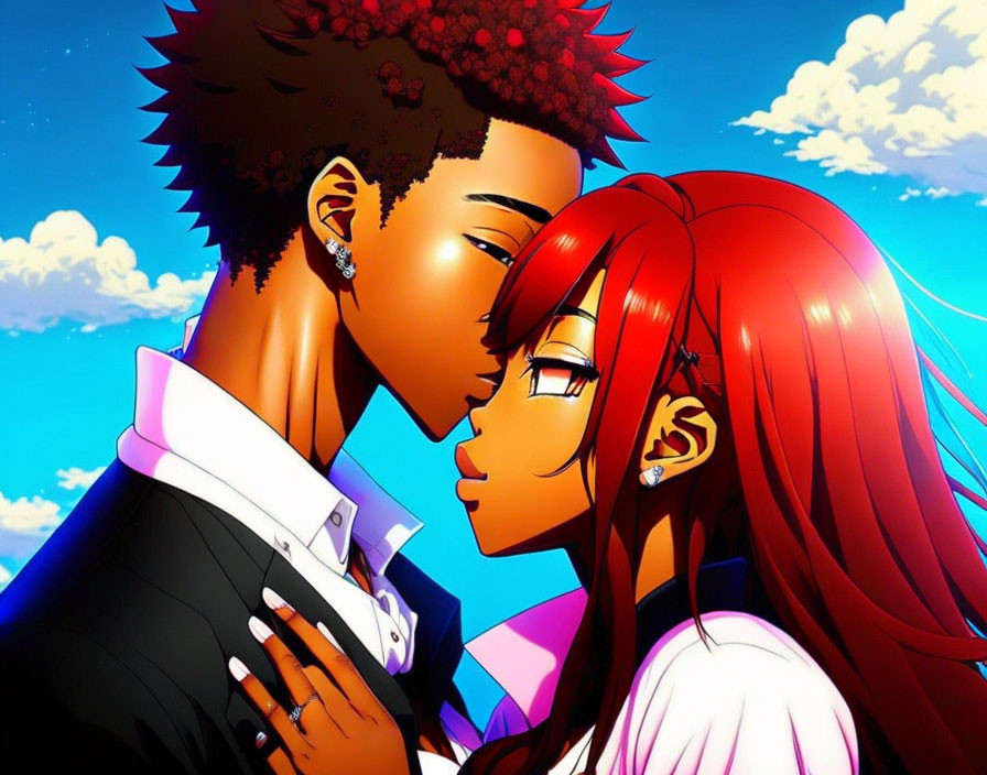 Red-Haired Couple Kissing Under Blue Sky