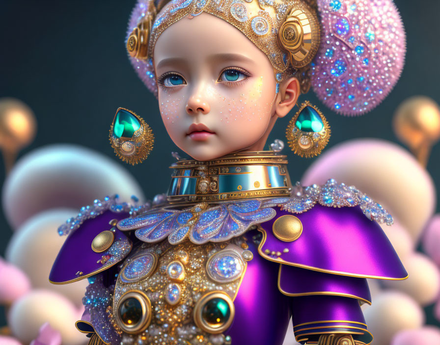 3D-rendered child-like figure in ornate regalia with gold and purple motif