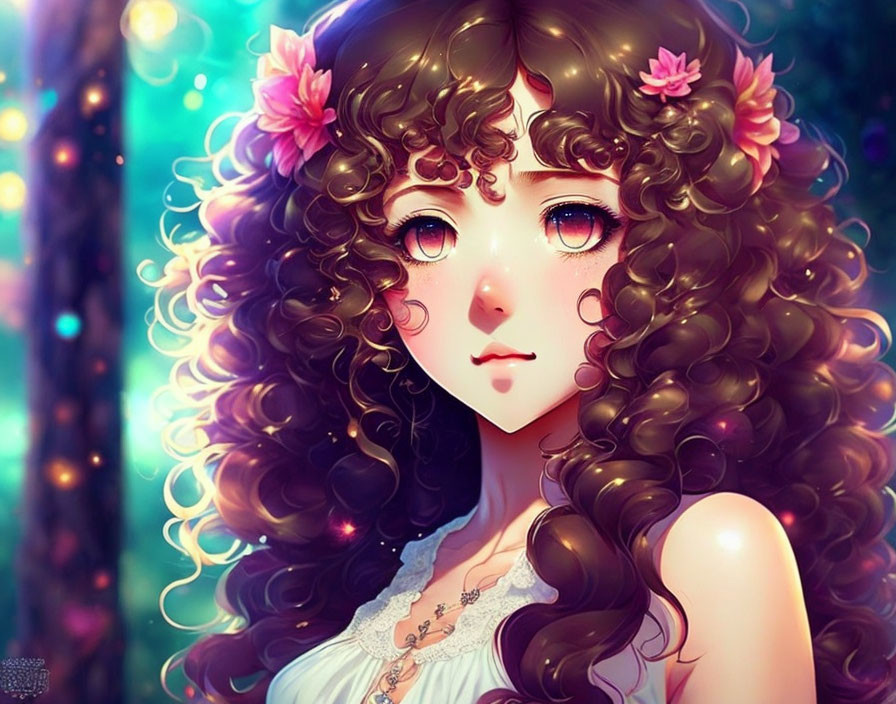 Portrait of a girl with curly hair and pink flowers in digital art