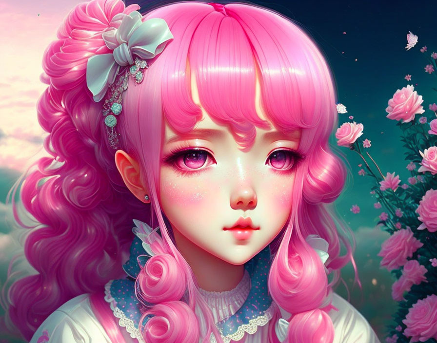 Digital artwork featuring girl with pink hair and large eyes amidst floral backdrop