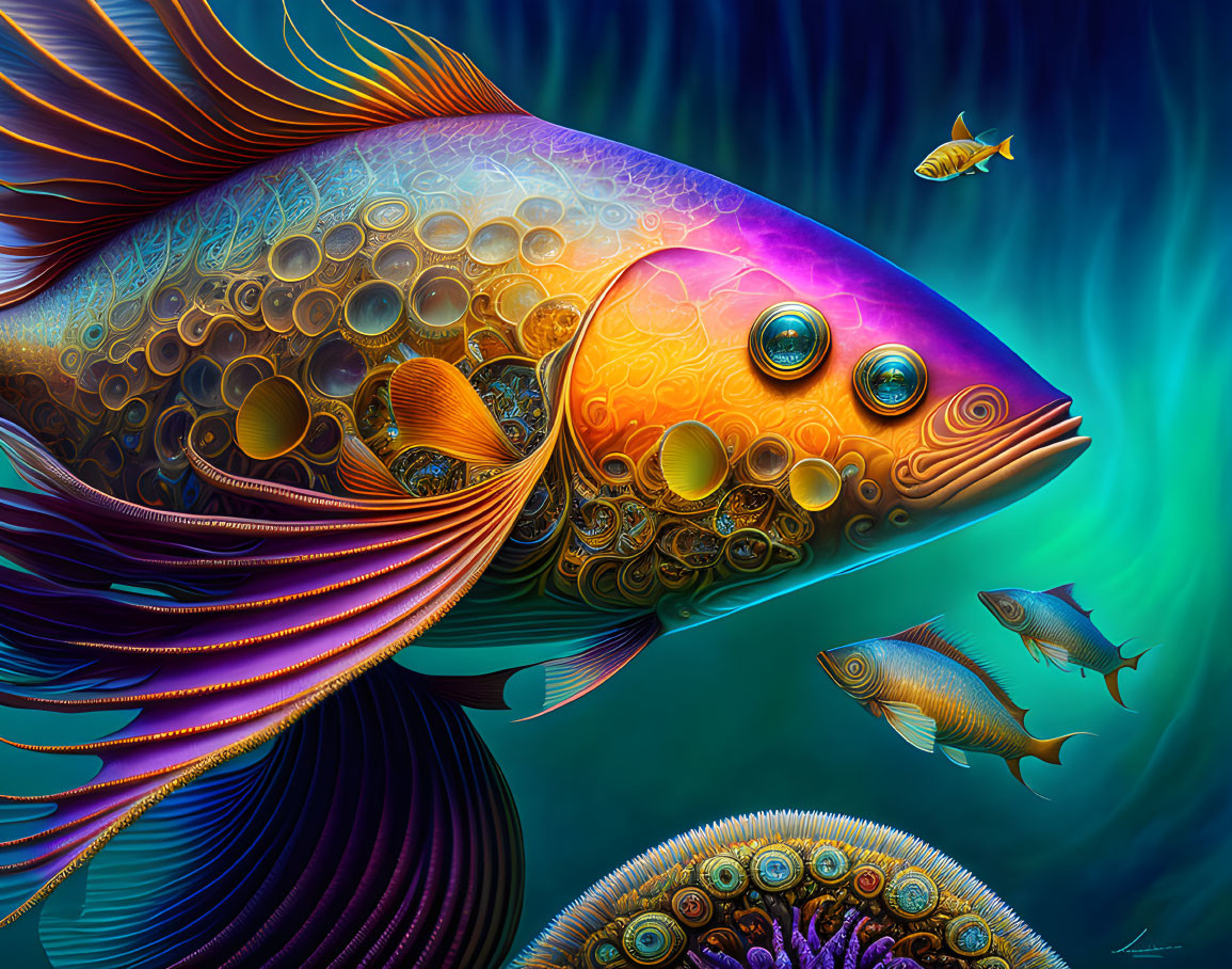 Colorful Fantastical Fish in Ornate Patterns Swimming in Deep Blue Aquatic Environment