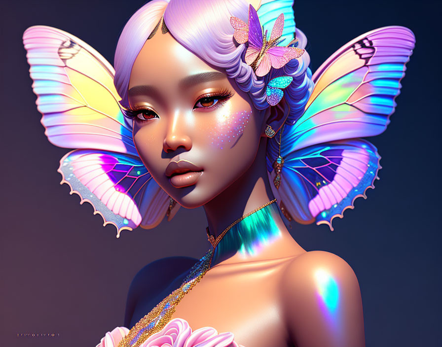 Iridescent butterfly wings on woman with purple hair and luminescent skin