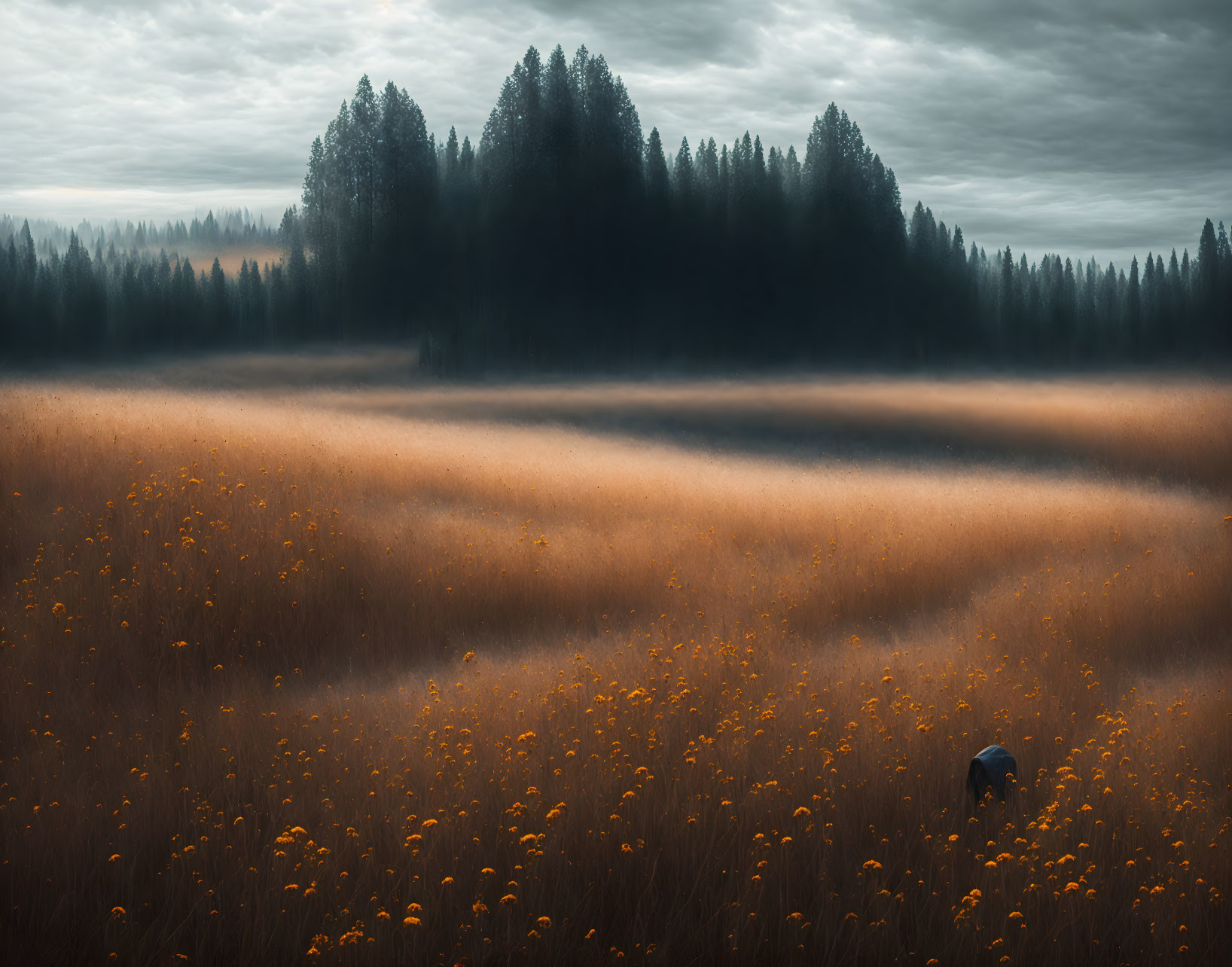 Misty forest edge with wildflowers and solitary figure in golden field under moody sky