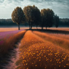 Misty forest edge with wildflowers and solitary figure in golden field under moody sky