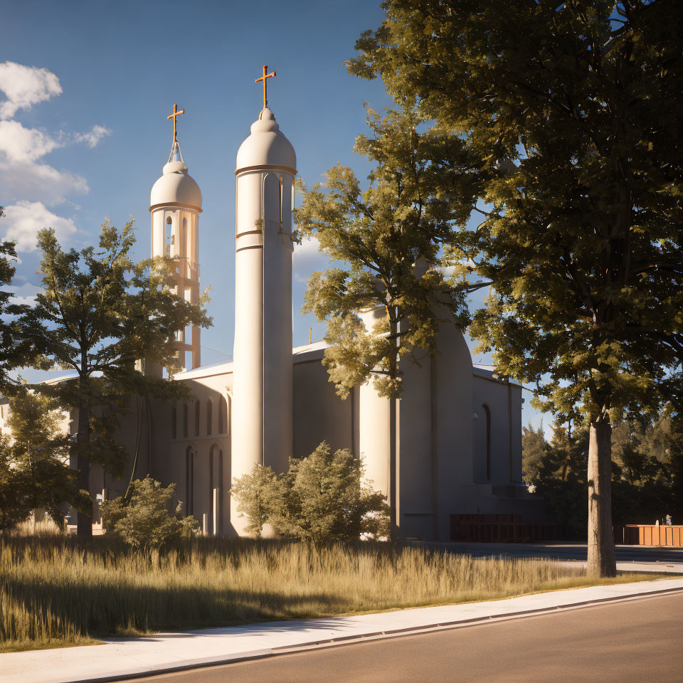 Modern church with twin towers and crosses in serene setting