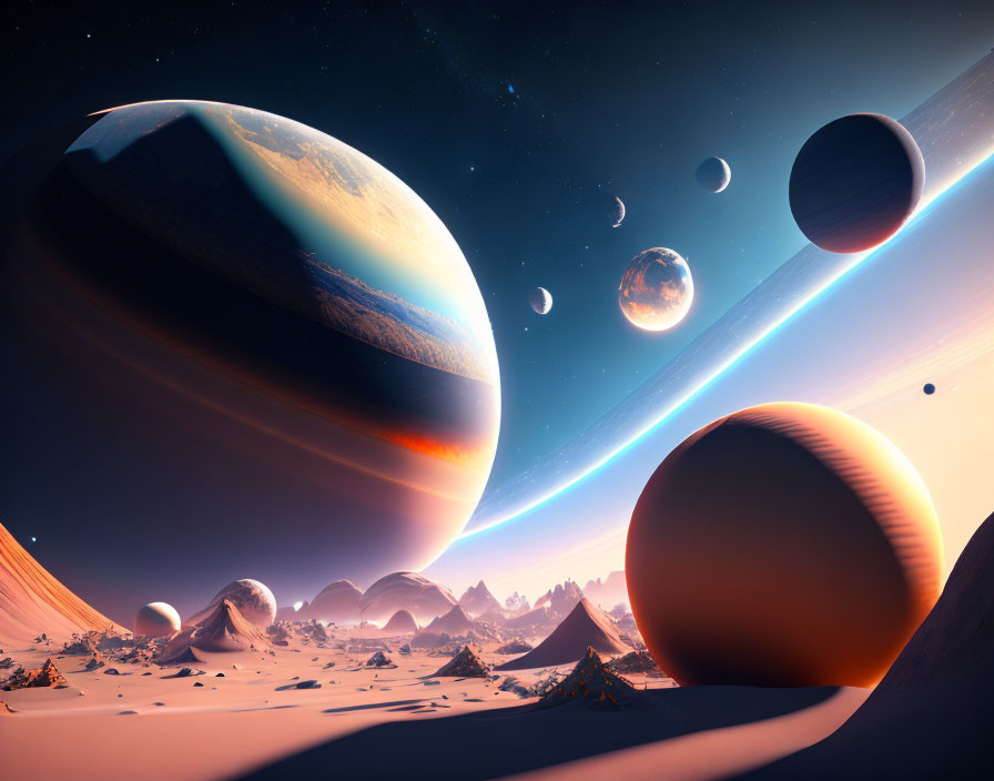 Surreal sci-fi desert landscape with large planets and moons under starry sky