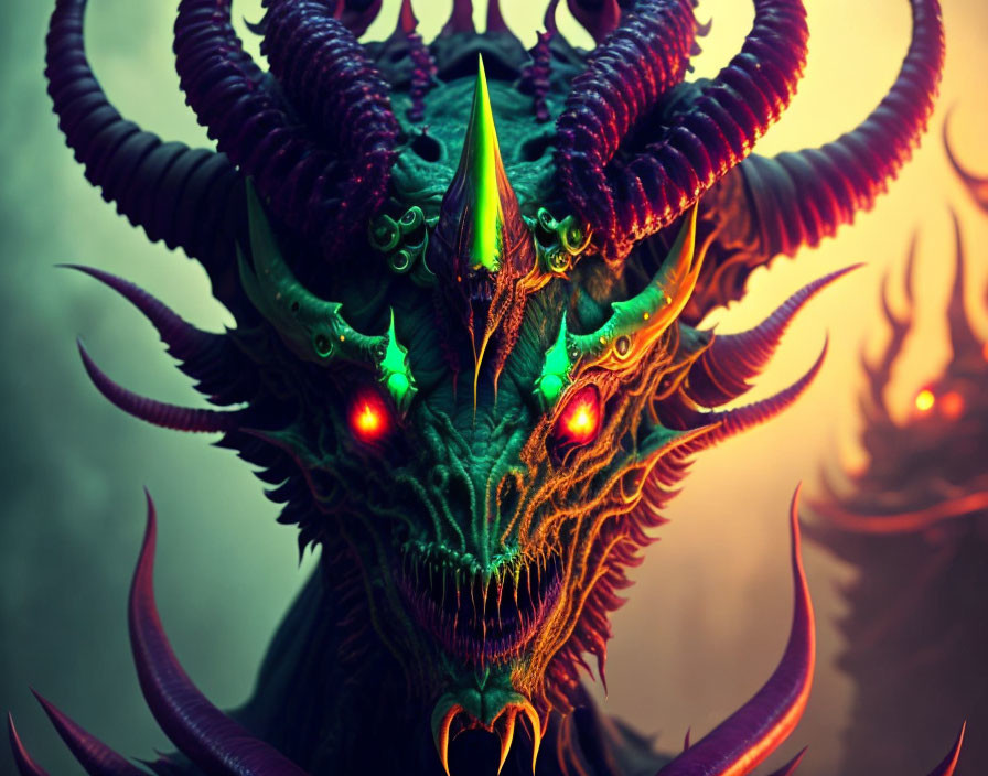 Fantastical dragon with glowing red eyes and multiple horns