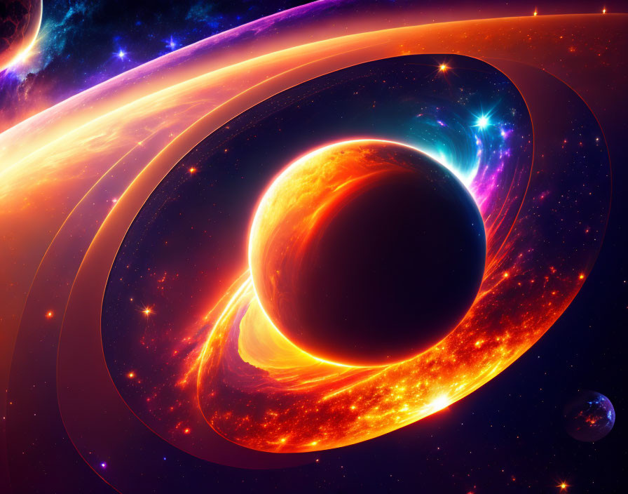 Colorful Space Scene with Black Hole and Glowing Accretion Disks