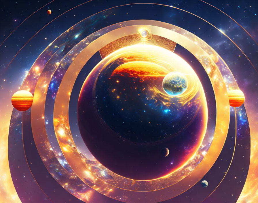 Colorful cosmic artwork featuring whimsical rings around Earth-like planet