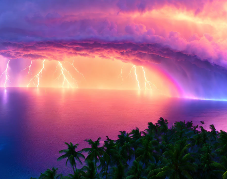 Dramatic seascape with purple skies, lightning, rainbow, and palm tree silhouettes