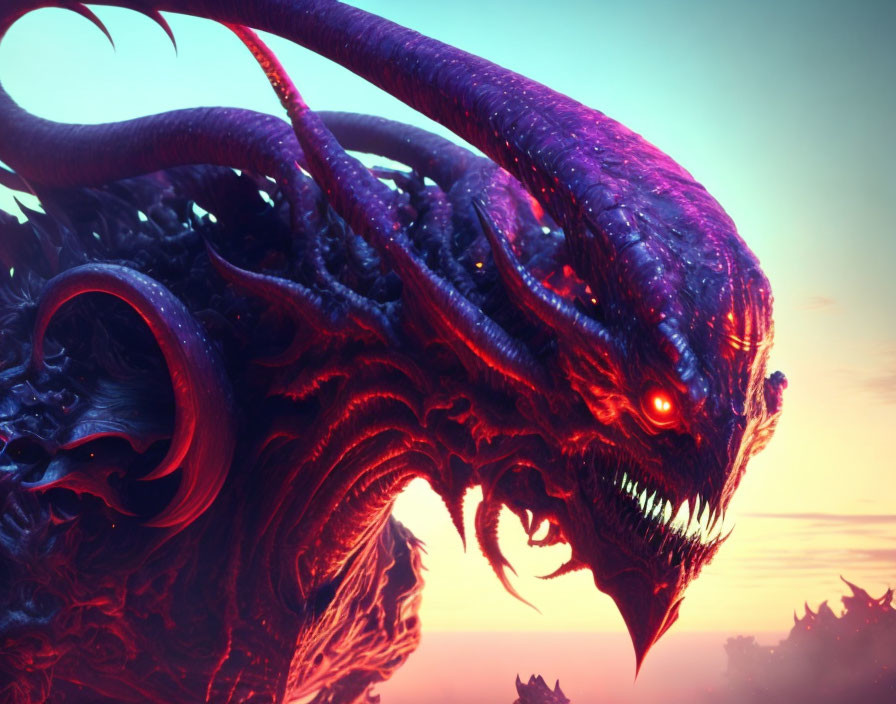 Menacing purple dragon with glowing red eyes and sharp horns in dusk sky.