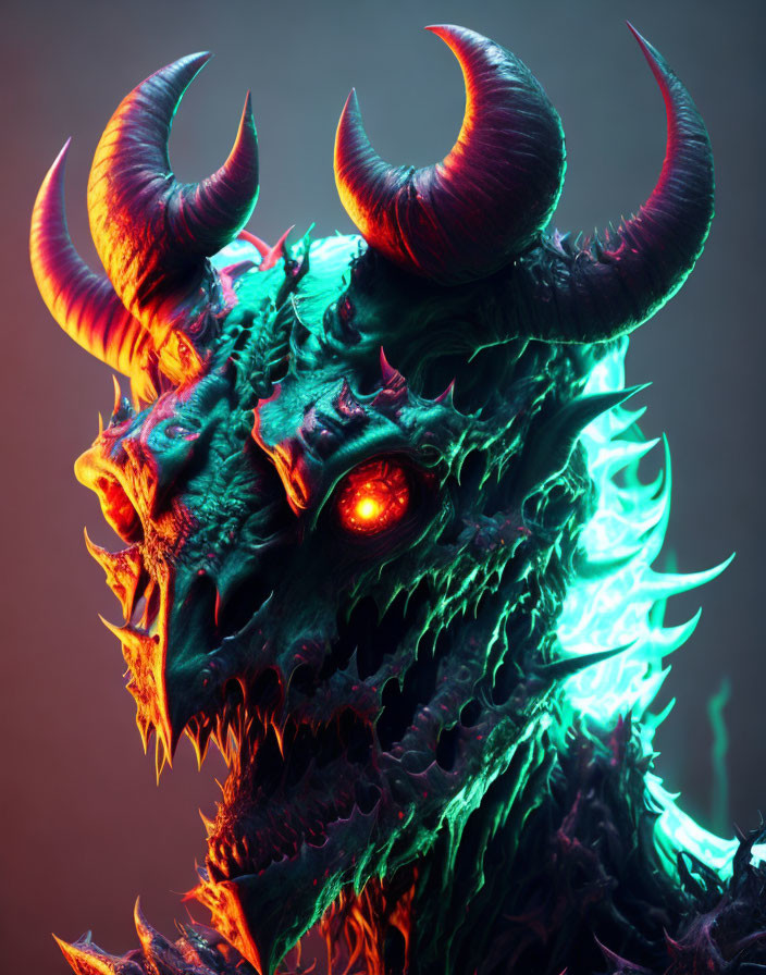 Colorful fantastical creature with glowing eyes and sharp horns in neon light