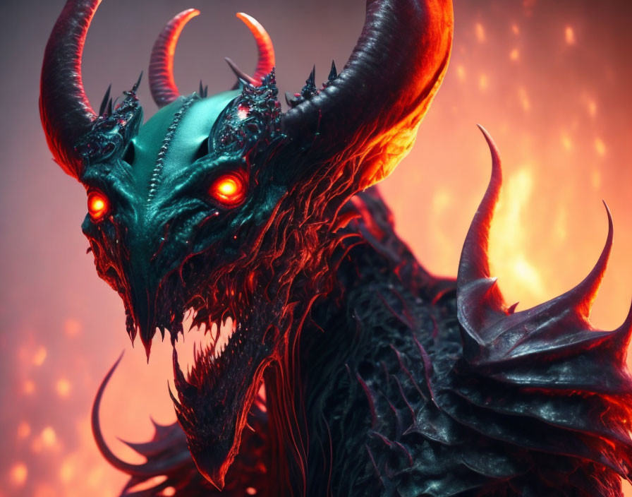 Menacing dragon with glowing red eyes and sharp horns in fiery red light