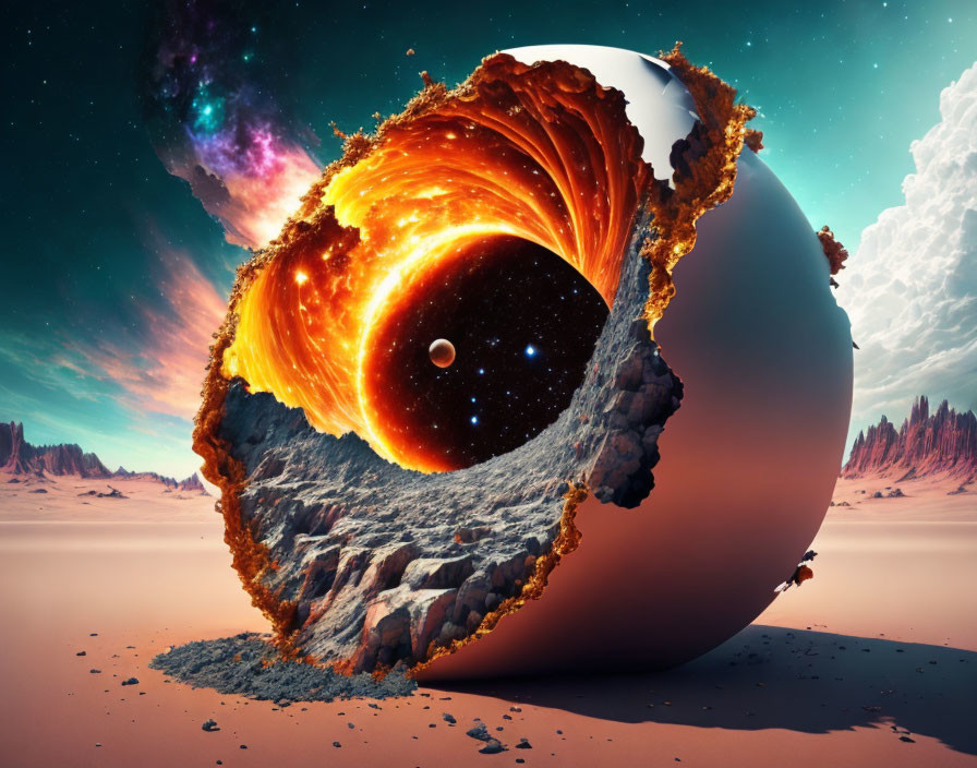 Surreal spherical object split open, revealing fiery layers & starry space.