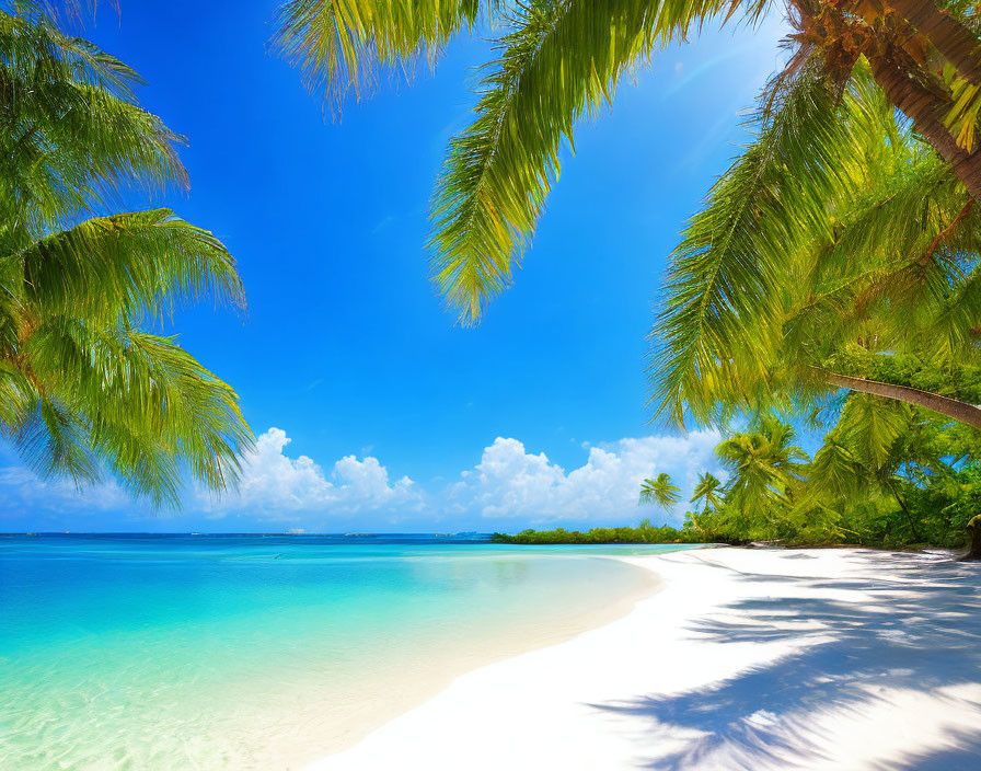 Tropical Beach Scene with White Sand and Palm Trees