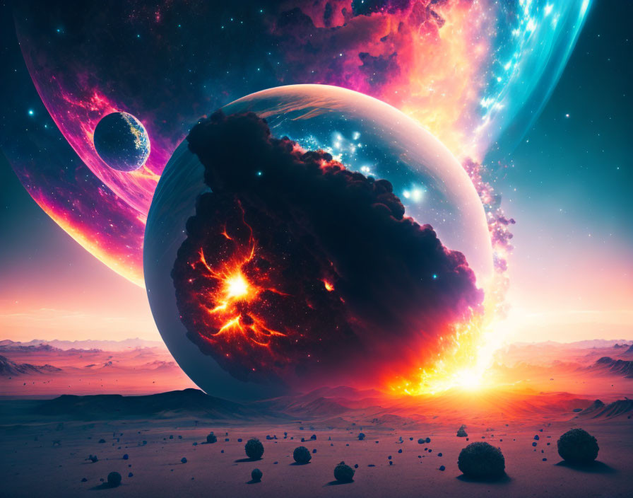 Surreal sci-fi landscape with fiery celestial body and planetary rings